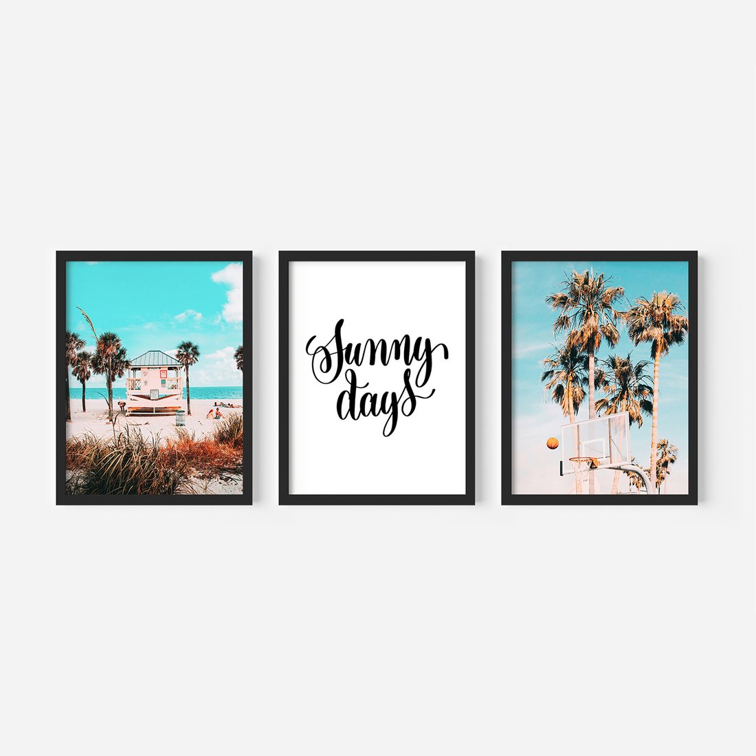 Zestaw obrazy w ramie, plakaty - plaża, palmy, lato - rama czarna