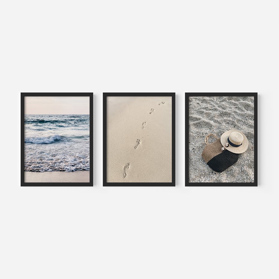 Zestaw obrazy w ramie, plakaty - plaża, morze, piasek - rama czarna