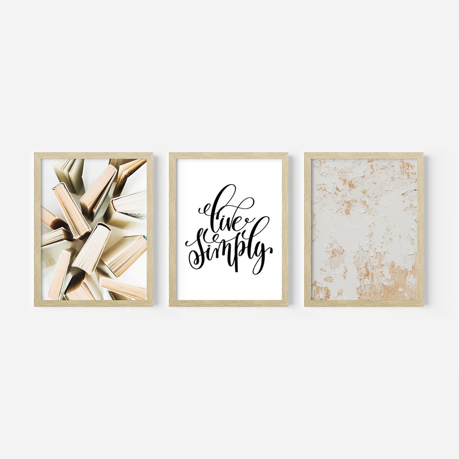 Zestaw obrazy w ramie, plakaty - książki, tekst, ściana - rama drewno