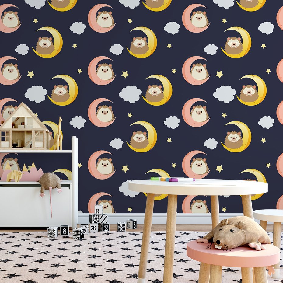 Tapeta - dziecięca, jeż, księżyc, gwiazdy