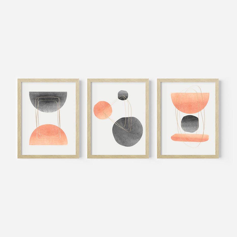 Zestaw obrazy w ramie, plakaty - abstrakcja, geometria, pastelowe - rama drewno