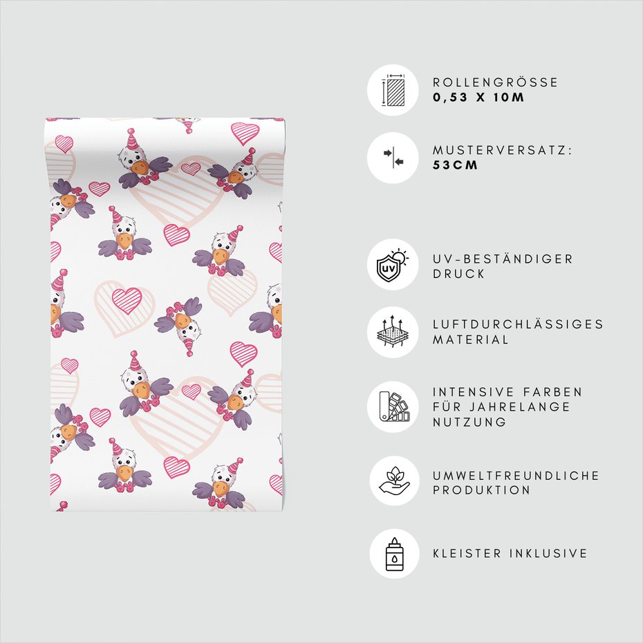 Tapeta - dziecięca, ptak, serca,