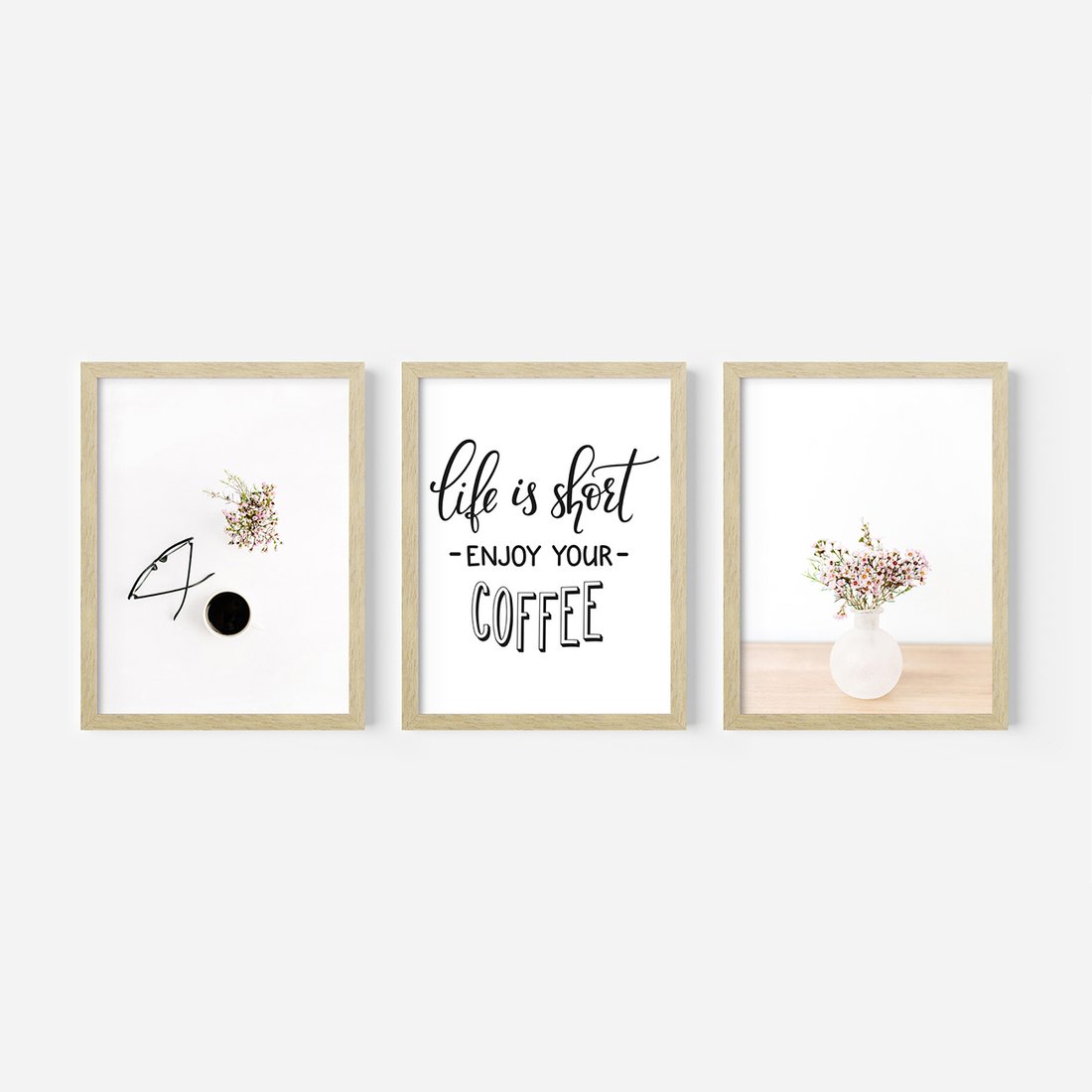 Zestaw obrazy w ramie, plakaty - kwiaty, kawa, okulary - rama drewno