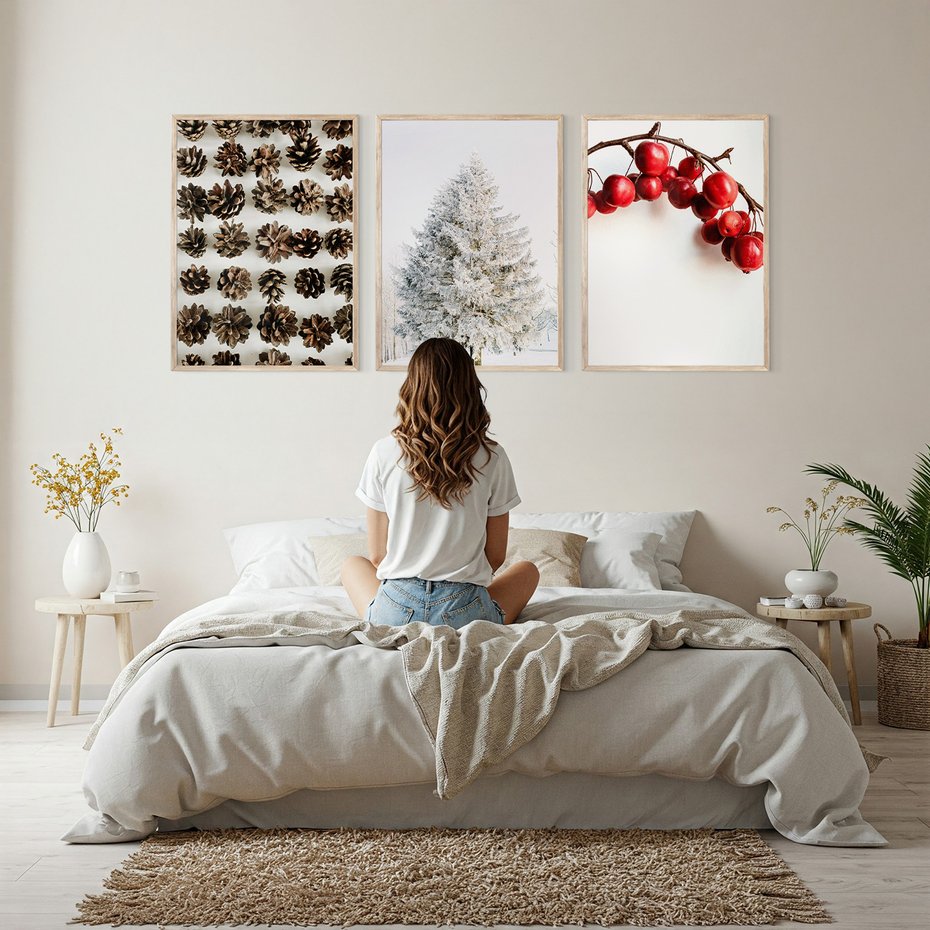 Zestaw obrazy w ramie, plakaty - szyszki, jabłka, zima - rama drewno