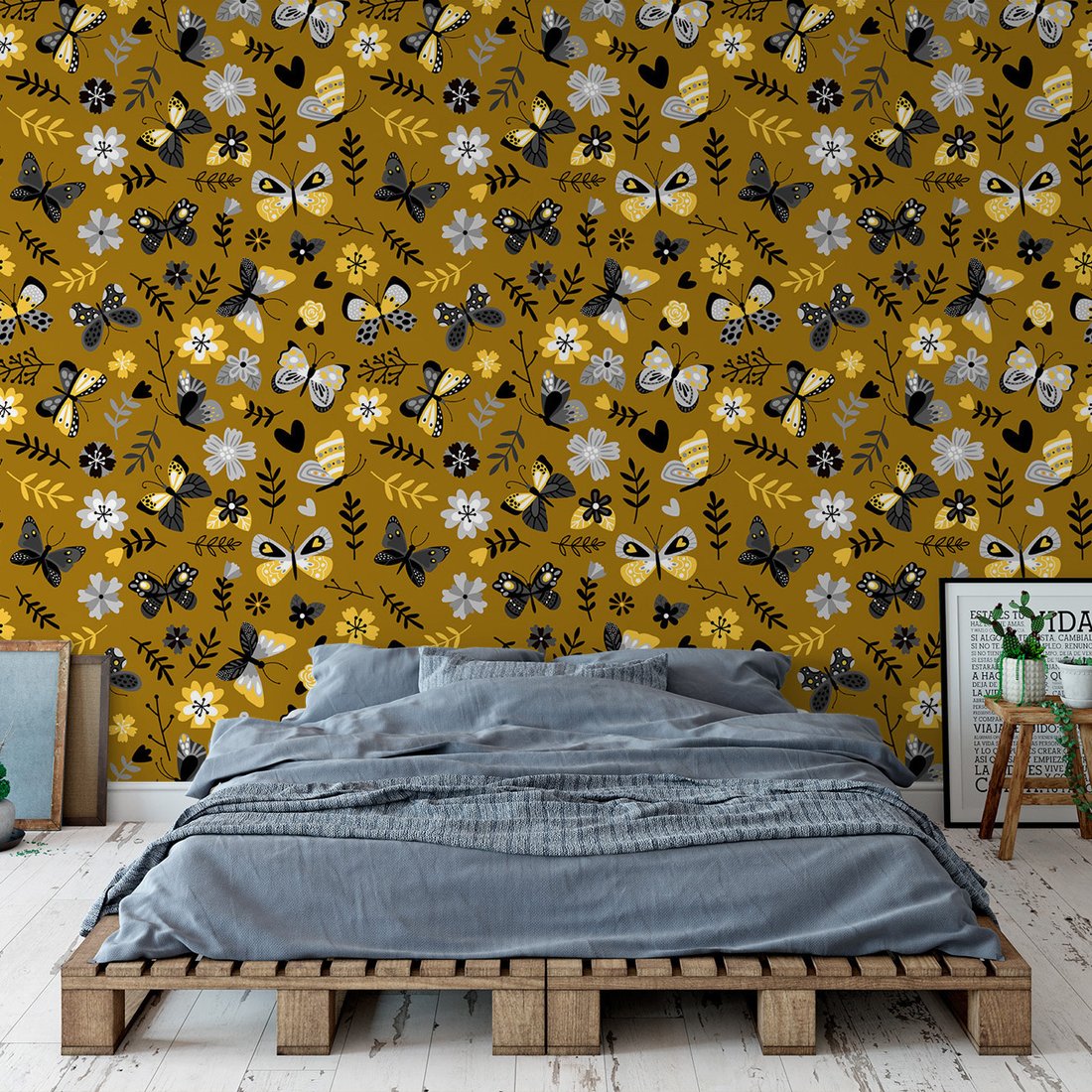 Tapeta - motyle, kwiaty, liście