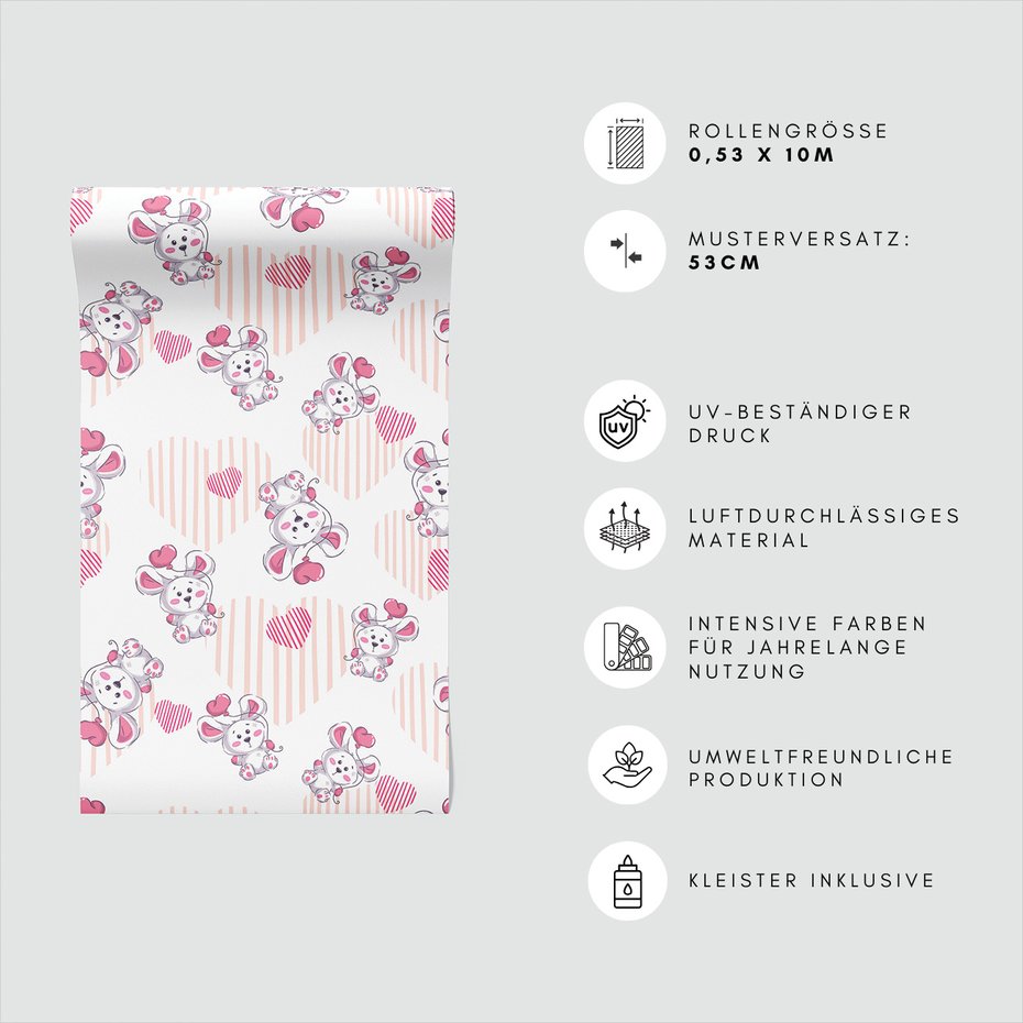 Tapeta - dziecięca, królik, serce,