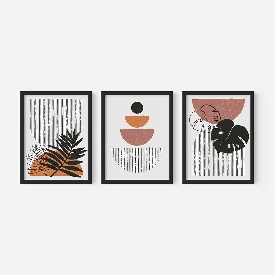 Zestaw obrazy w ramie, plakaty - abstrakcja, liście, minimalizm - rama czarna
