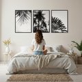 Zestaw obrazy w ramie, plakaty - palmy, liście, tropikalne - rama czarna
