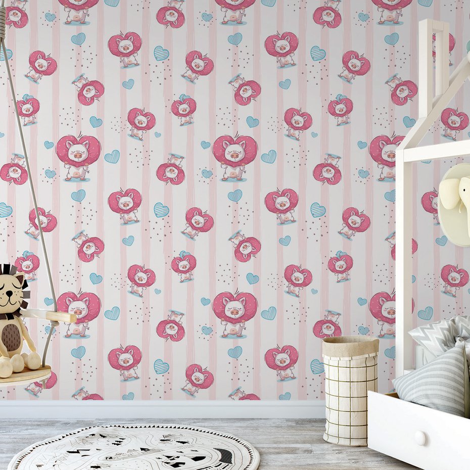 Tapeta - dziecięca, świnka, serce, tło