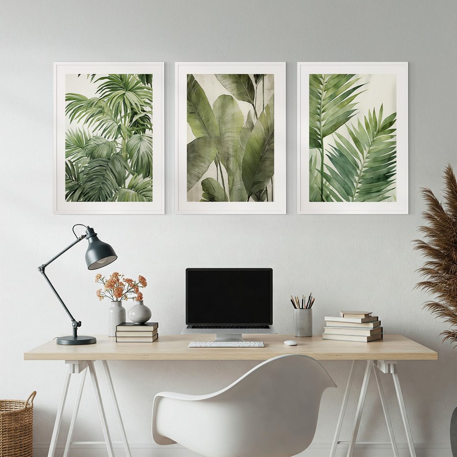 Zestaw obrazy w ramie, plakaty - liście, tropikalny, rośliny - rama biała