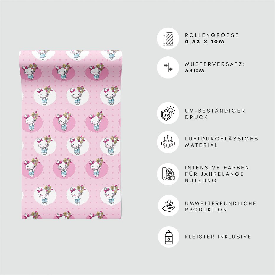 Tapeta - dziecięca, kotek, kwiaty,