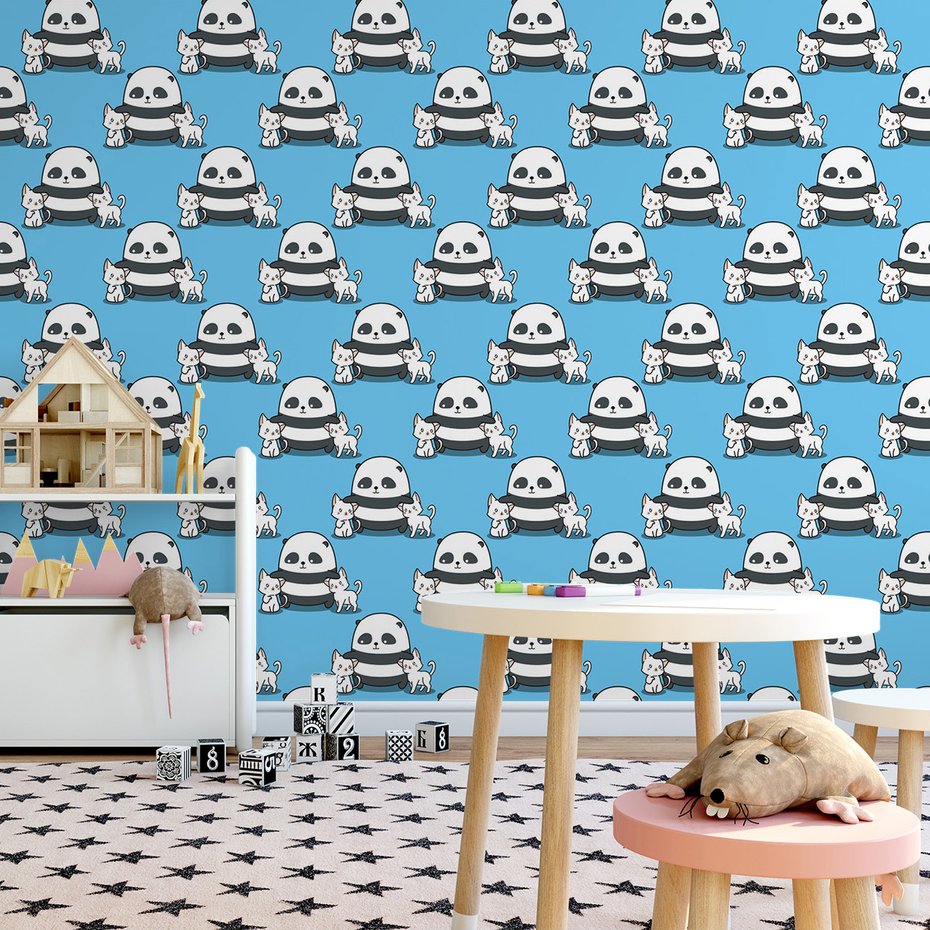 Tapeta - dziecięca, panda, koty, tło