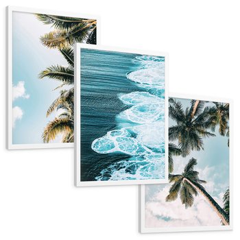 Zestaw obrazy w ramie, plakaty - palmy, morze, woda - rama biała