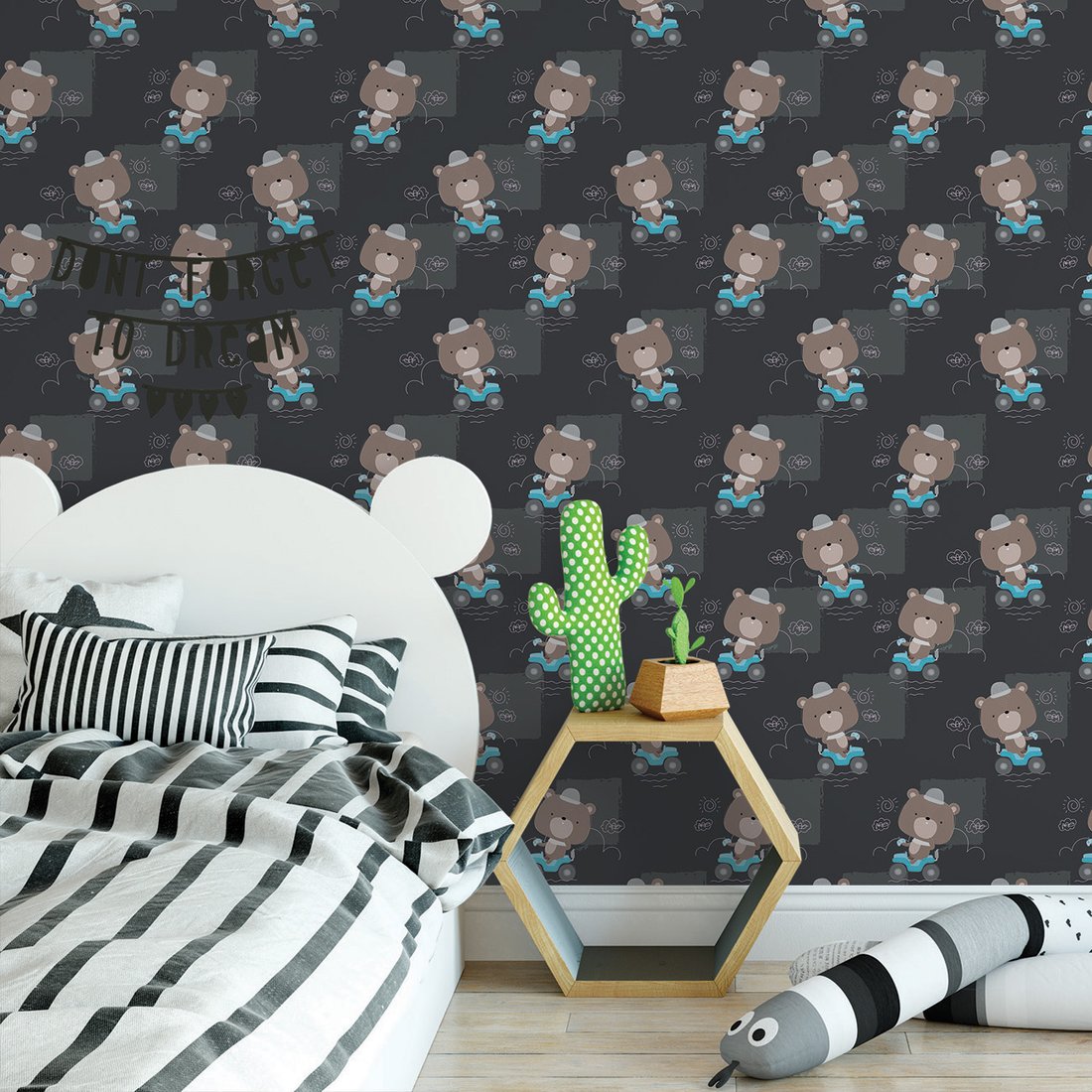 Tapeta - dziecięca, niedźwiedź, pojazd, chmury