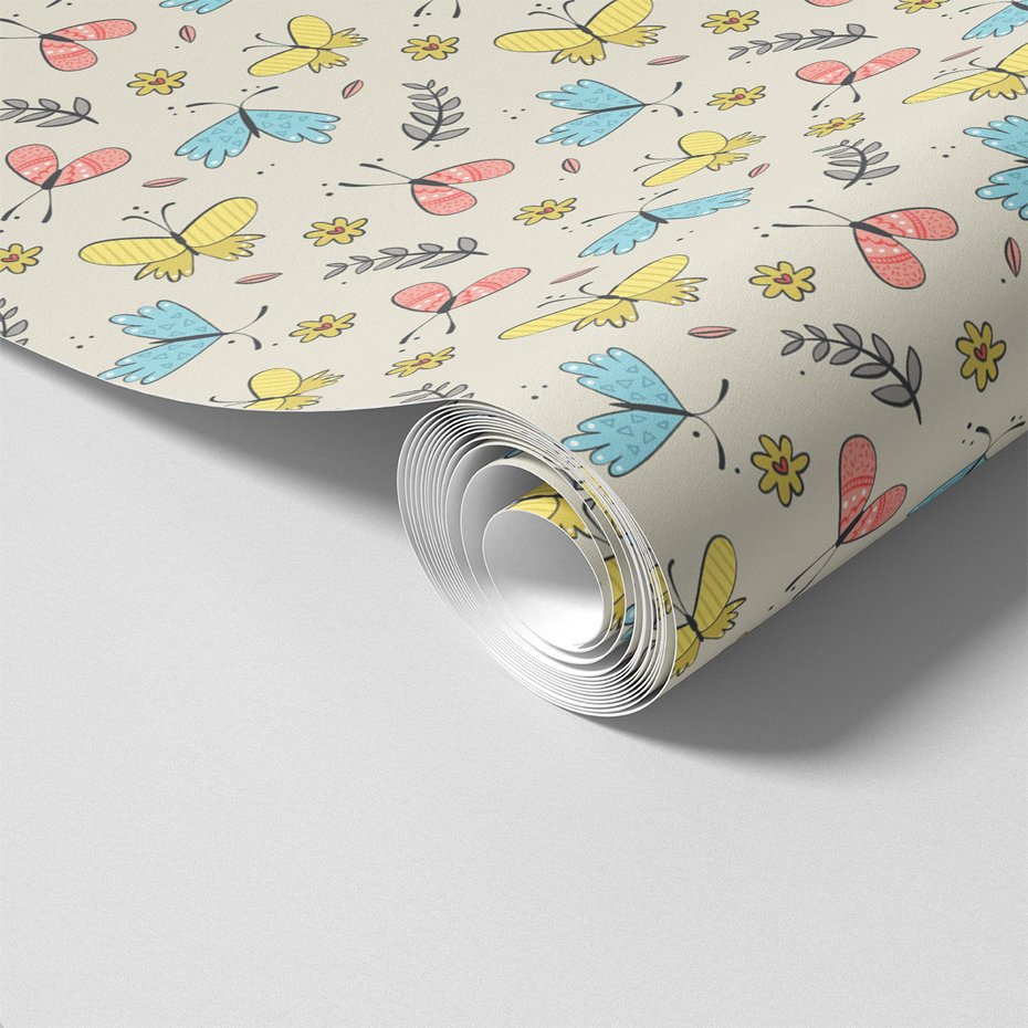 Tapeta - dziecięca, motyle, kwiaty, liście