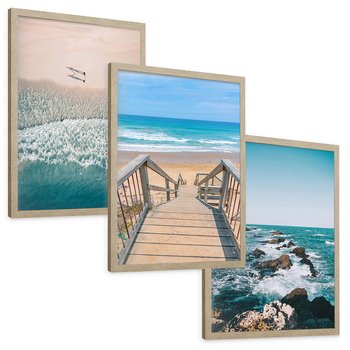 Zestaw obrazy w ramie, plakaty - plaża, morze, woda - rama drewno