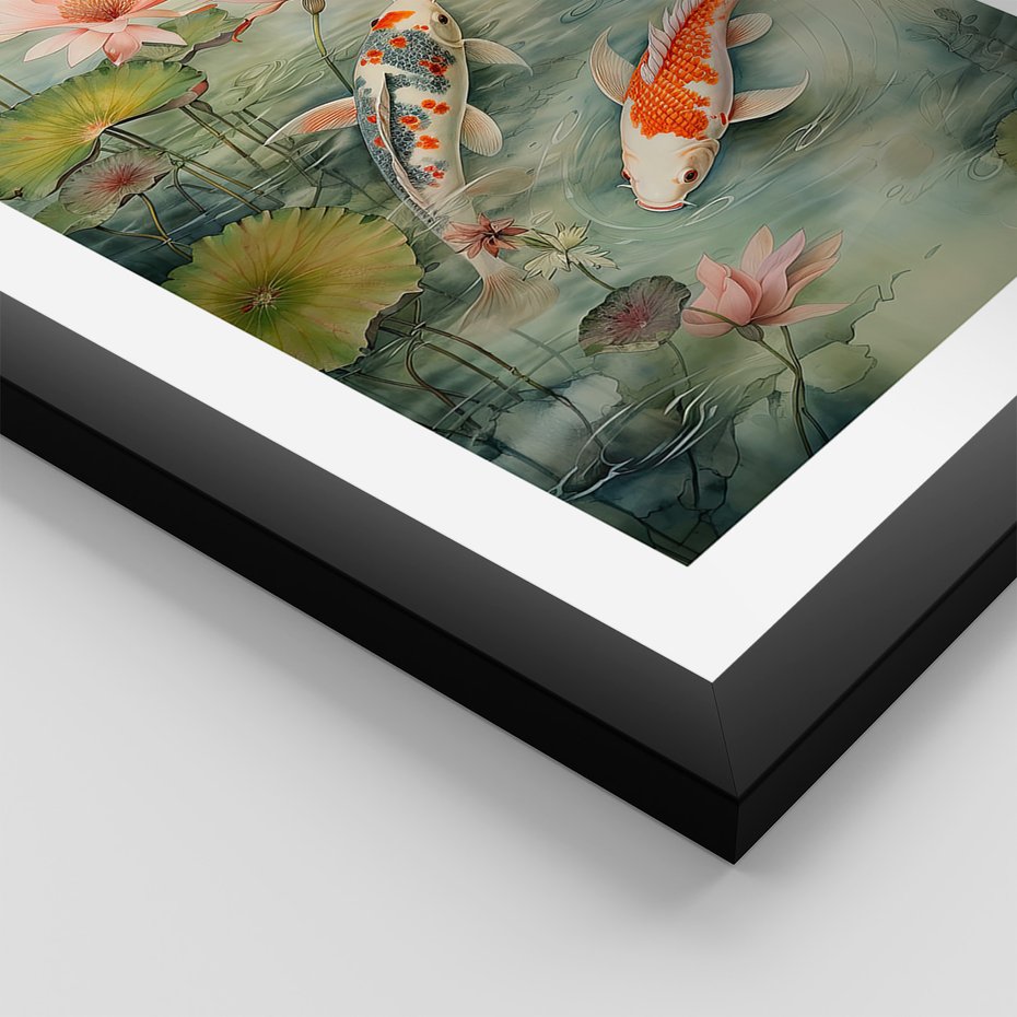 Zestaw obrazy w ramie, plakaty - kwiaty lotosu, ryby koi, azjatycka kobieta - rama czarna