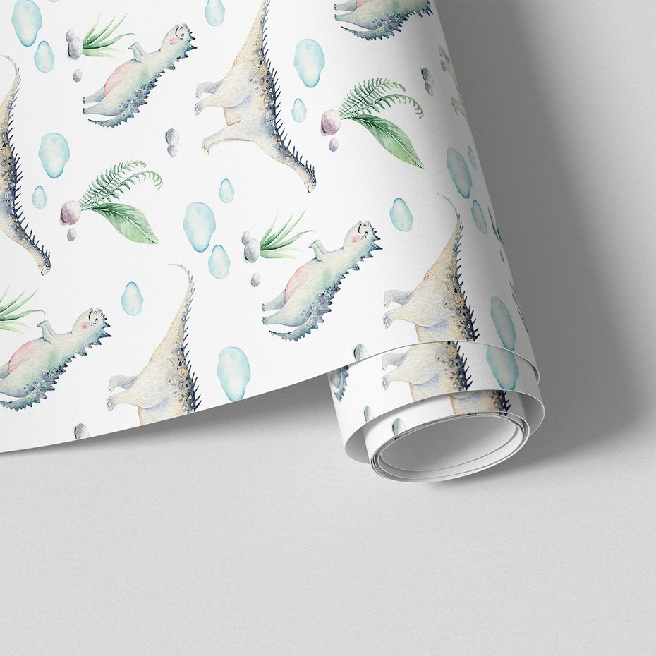 Tapeta - dziecięca, dinozaury, liście, chmury