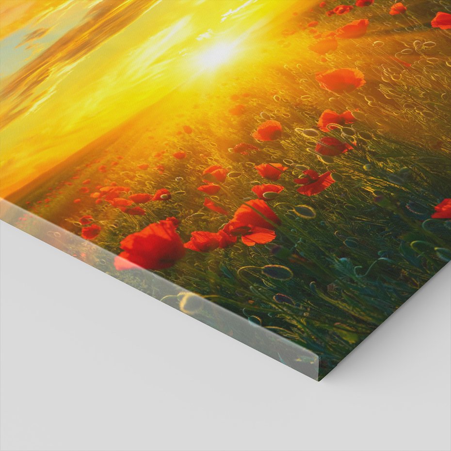 Obraz na płótnie - zachód słońca, kwiaty, pole