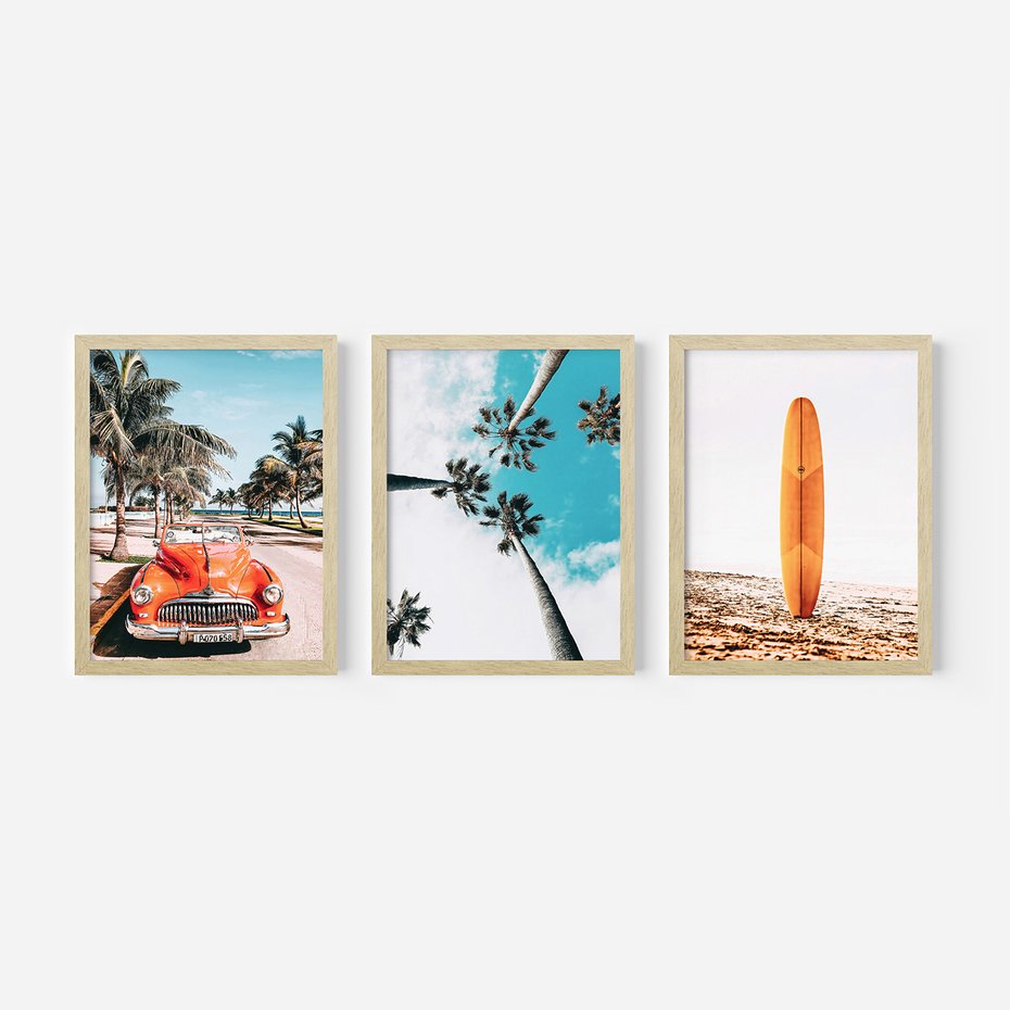 Zestaw obrazy w ramie, plakaty - palmy, plaża, wakacje - rama drewno