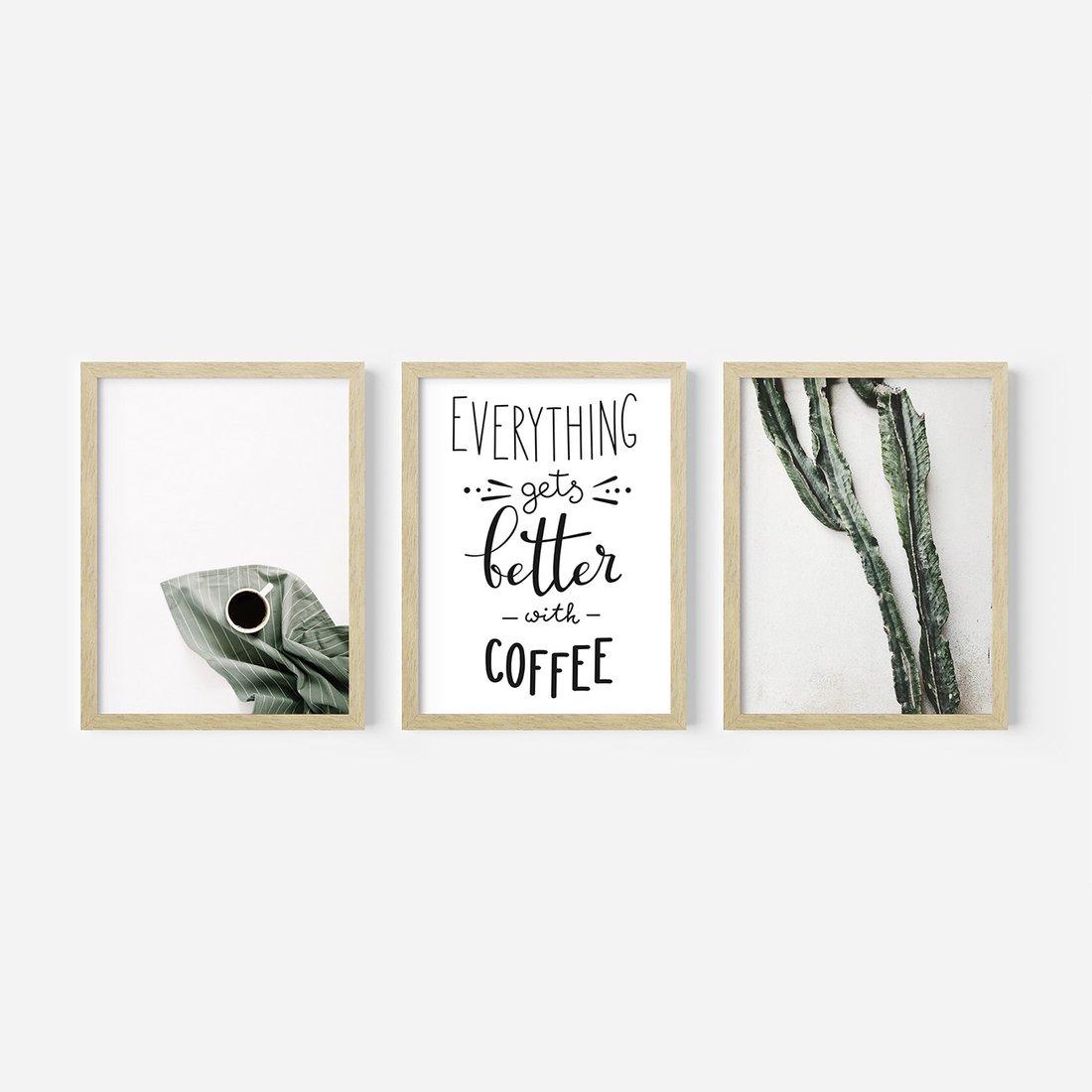 Zestaw obrazy w ramie, plakaty - kawa, kaktus, napisy - rama drewno