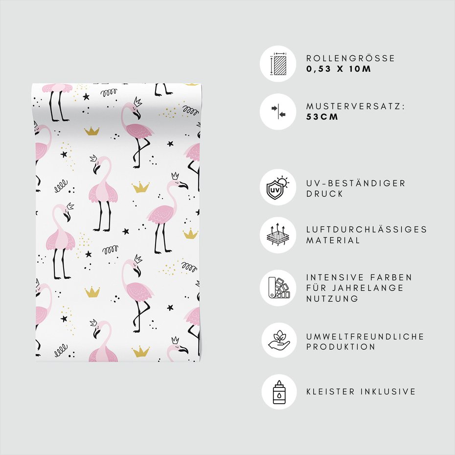 Tapeta - dziecięca, flaming, korona, gwiazda