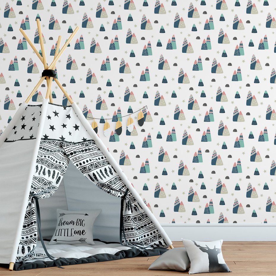 Tapeta - dziecięca, góry, gwiazdy, kropki