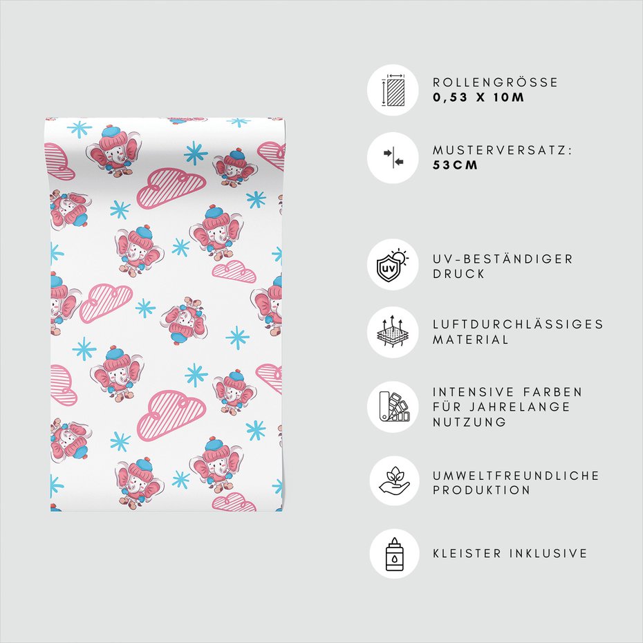 Tapeta - dziecięca, słoń, chmura, płatek śniegu