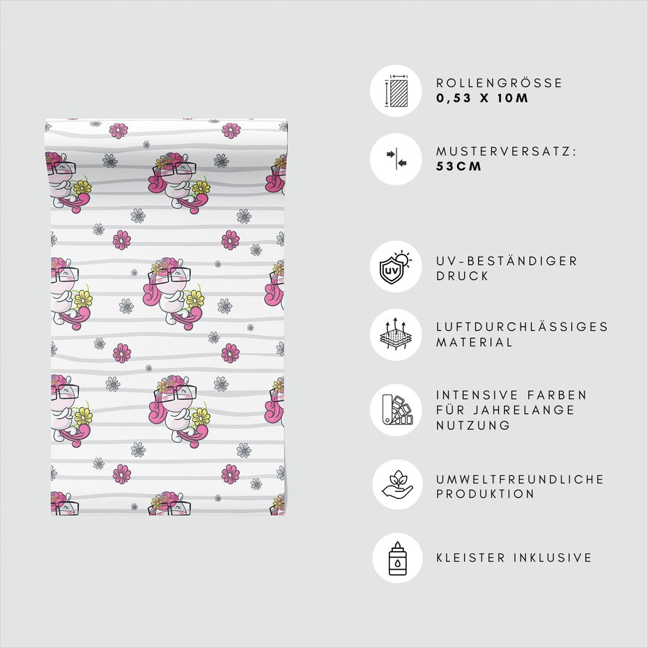 Tapeta - dziecięca, jednorożec, kwiaty,