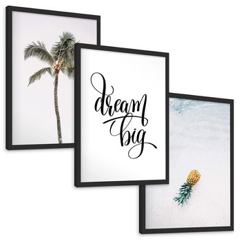 Zestaw obrazy w ramie, plakaty - palma, ananas, tropikalny - rama czarna