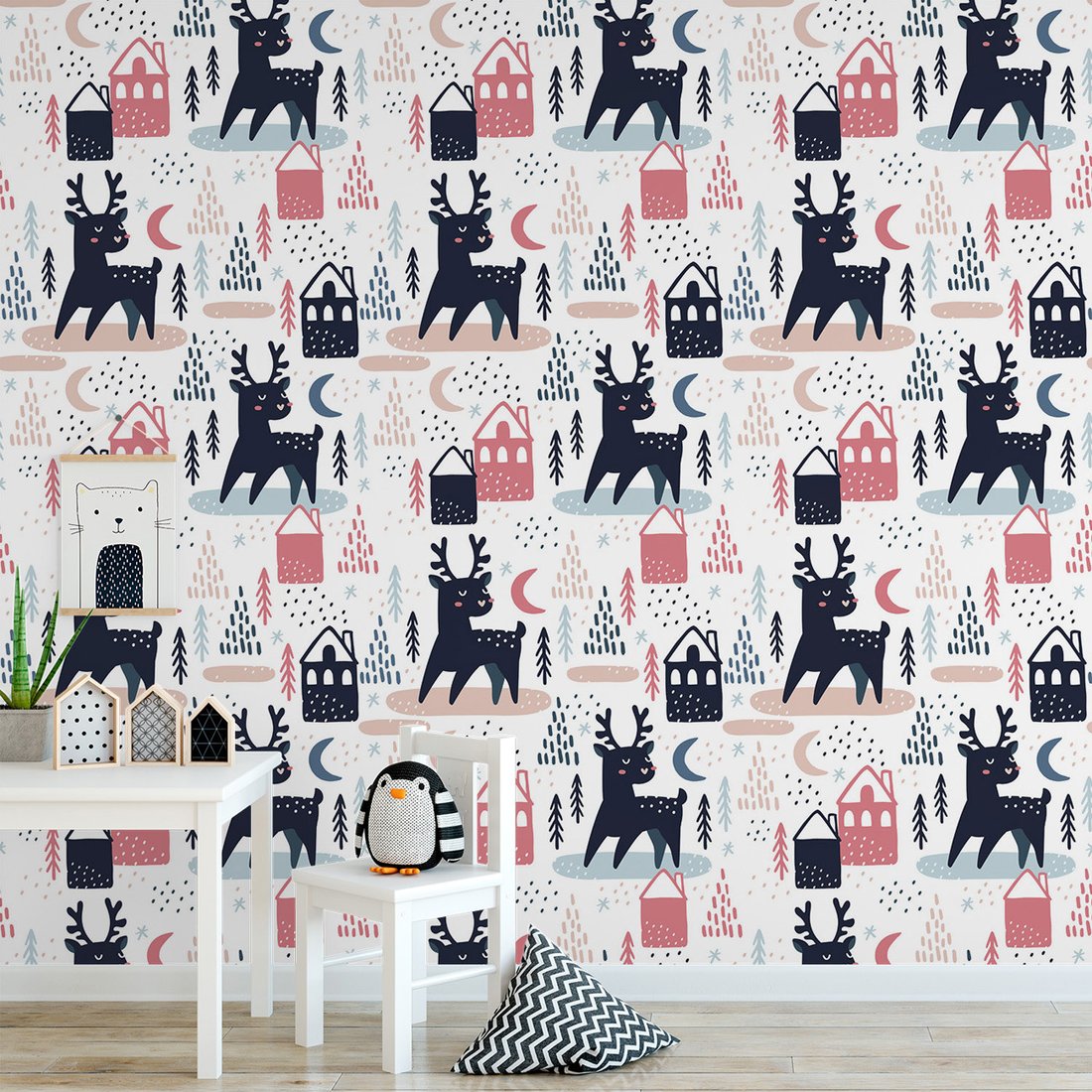 Tapeta - dziecięca, renifer, dom, las
