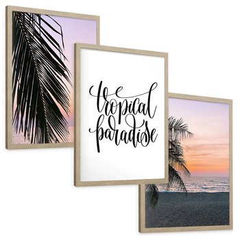 Zestaw obrazy w ramie, plakaty - palma, tropiki, morze - rama drewno