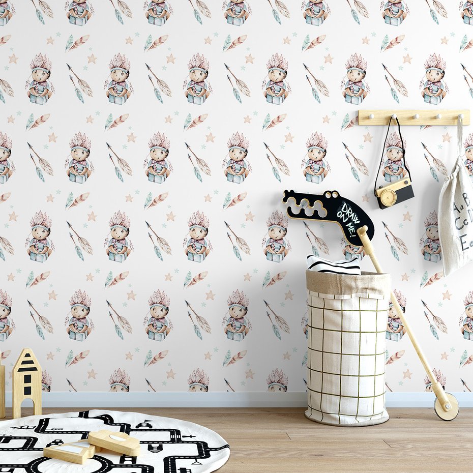 Tapeta - dziecięca, indianin, pióra, gwiazdy