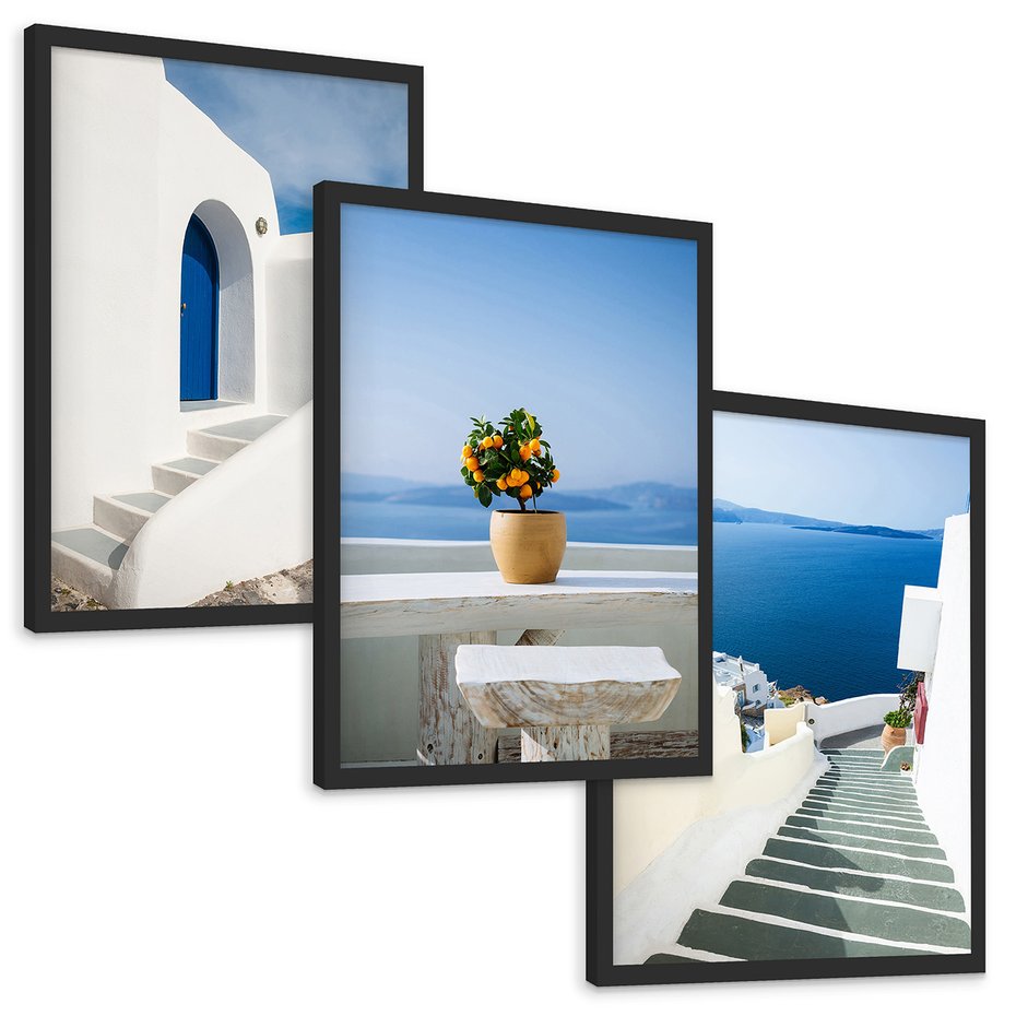 Zestaw obrazy w ramie, plakaty - Grecja, morze, Santorini - rama czarna
