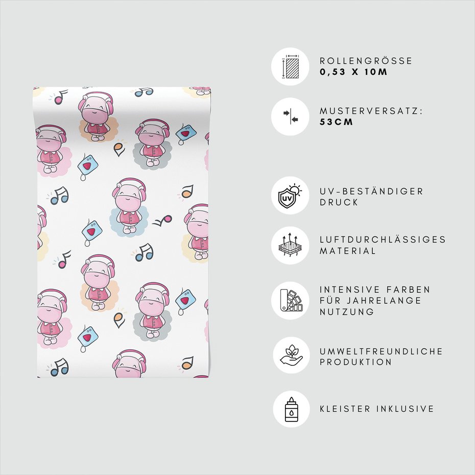 Tapeta - dziecięca, hipopotam, słuchawki, muzyka