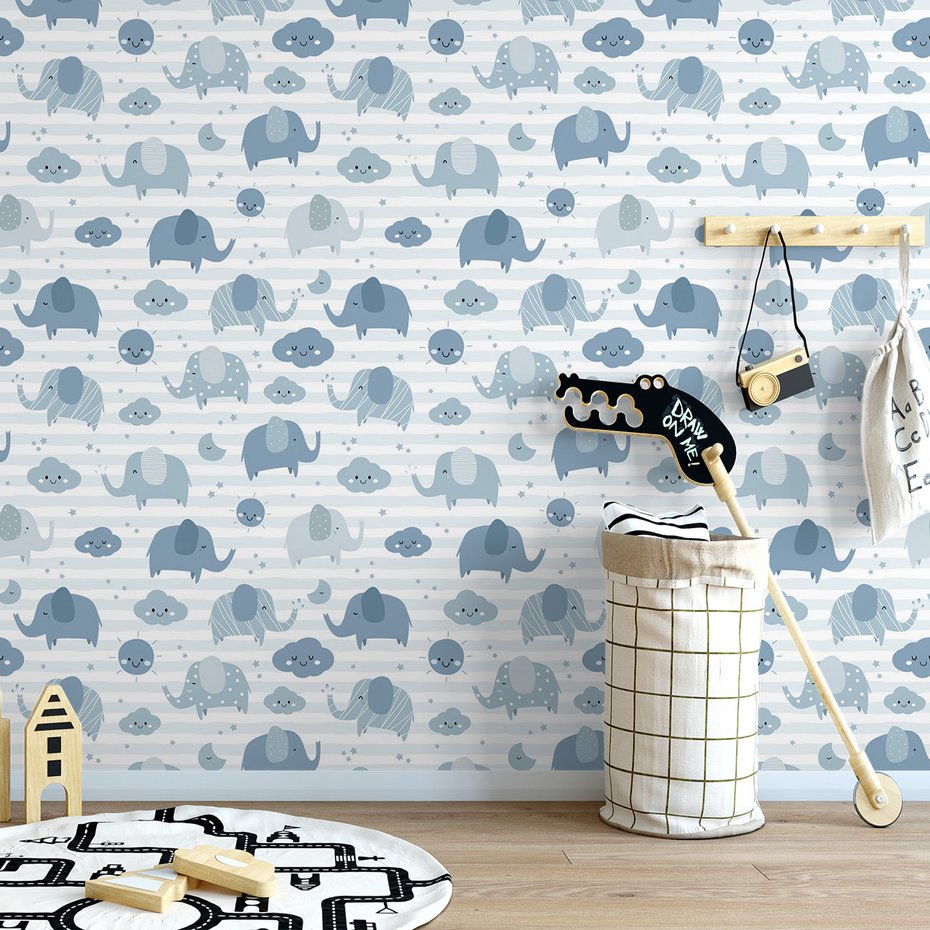 Tapeta - dziecięca, słonie, chmury, słońce