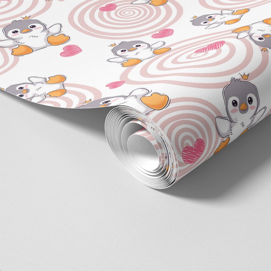 Tapeta - dziecięca, pingwiny, korona, serca