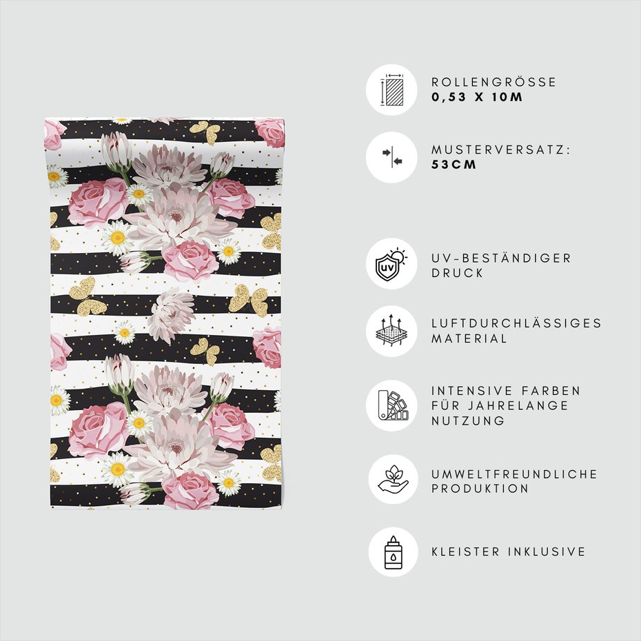 Tapeta - róże, kwiaty, paski