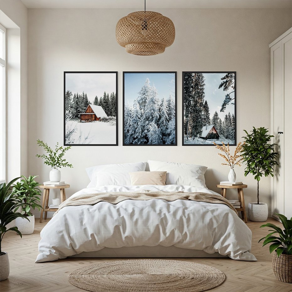 Zestaw obrazy w ramie, plakaty - zima, śnieg, drzewa - rama czarna
