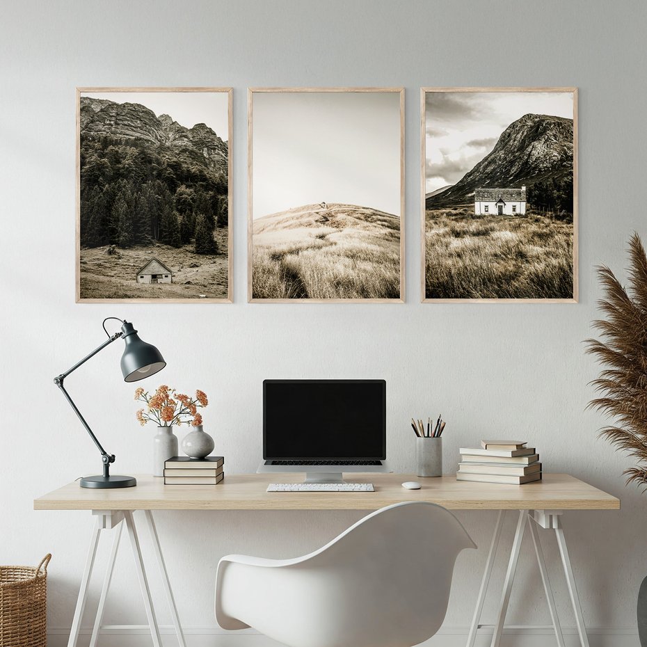 Zestaw obrazy w ramie, plakaty - góry, domy, krajobraz - rama drewno