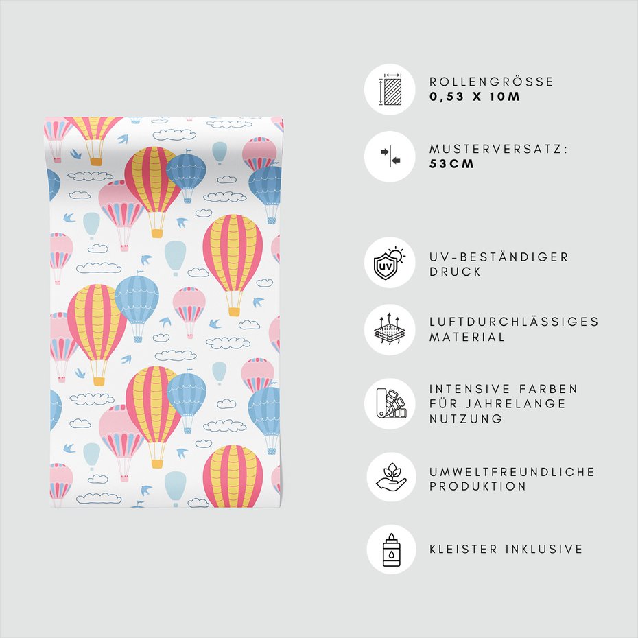 Tapeta - dziecięca, balony, chmury, ptaki