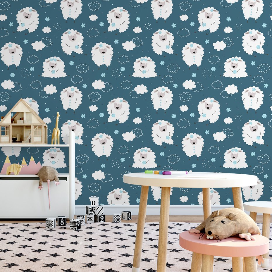 Tapeta - dziecięca, owce, chmury, wzór