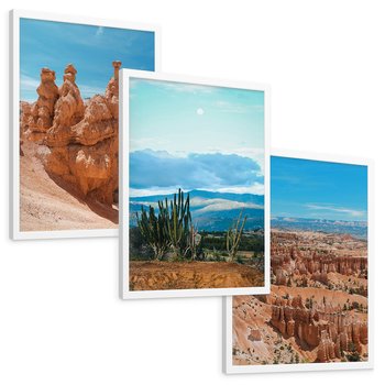 Zestaw obrazy w ramie, plakaty - formacje skalne, kanion, kaktusy - rama biała
