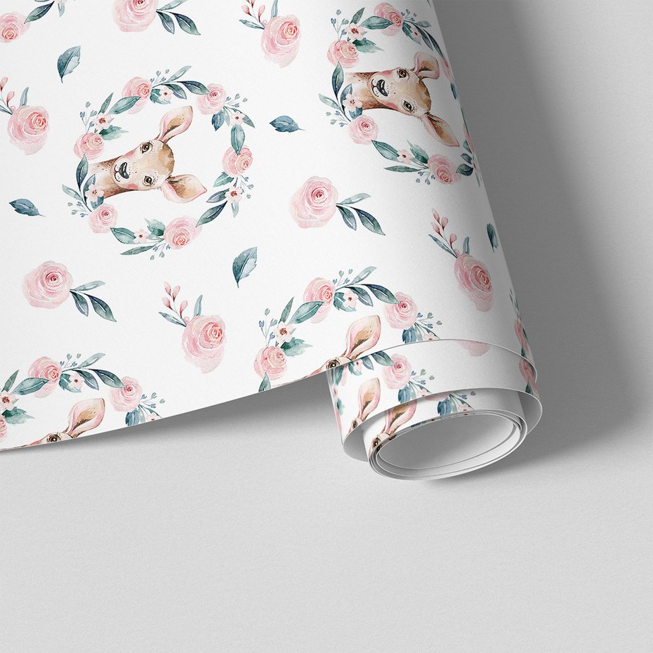 Tapeta - dziecięca, jeleń, róże, liście