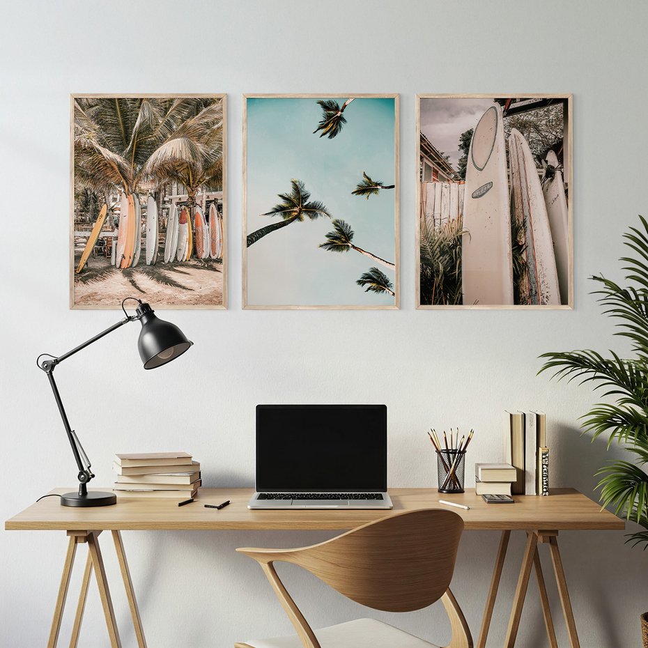 Zestaw obrazy w ramie, plakaty - palmy, deski surfingowe, plaża - rama drewno