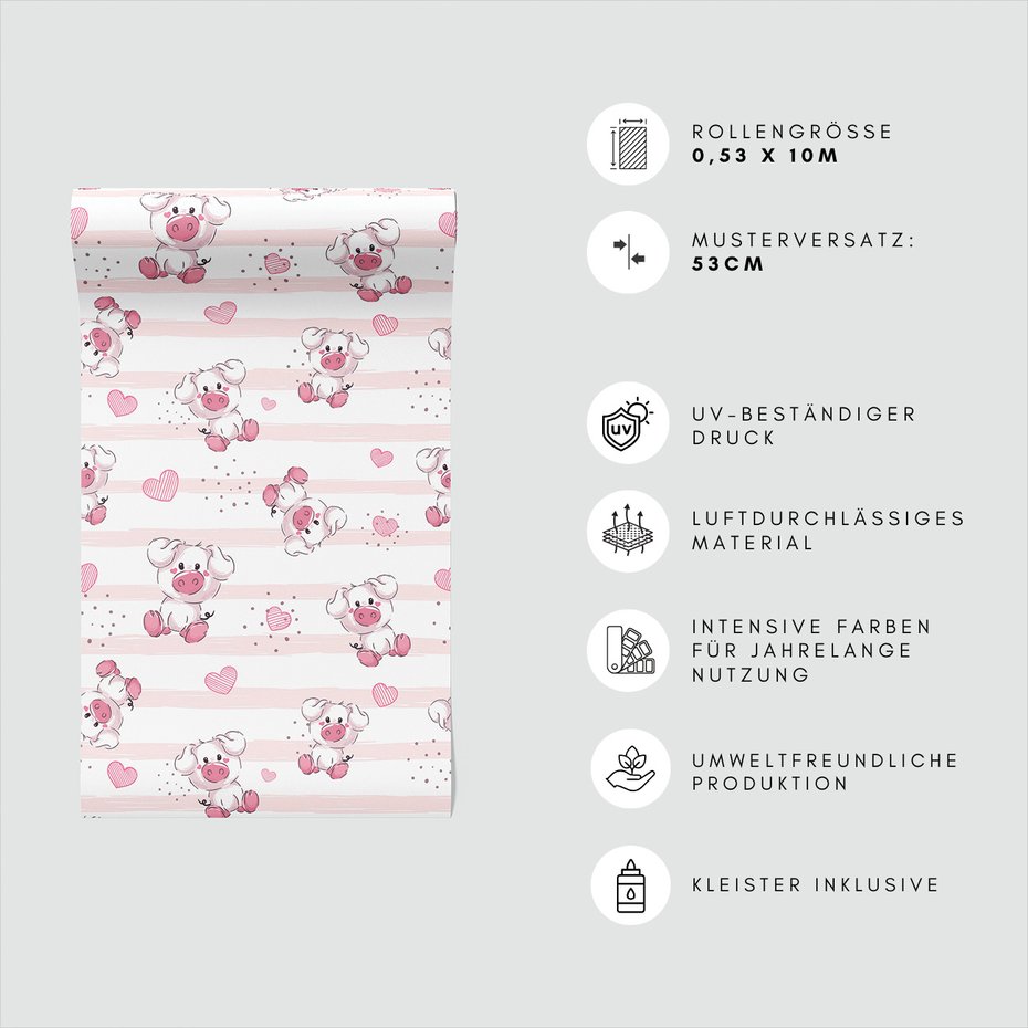 Tapeta - dziecięca, świnka, serca, kropki