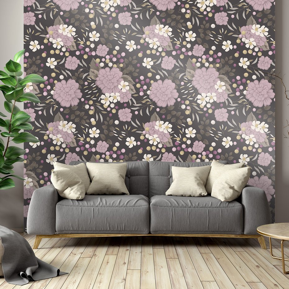 Tapeta - kwiaty, liście, kropki