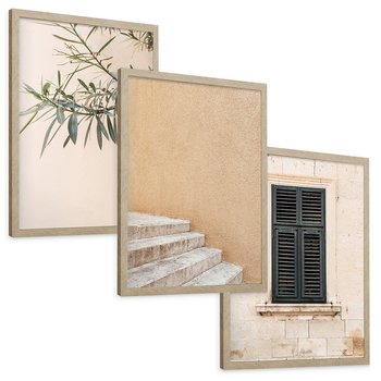 Zestaw obrazy w ramie, plakaty - liście, budynek, okno - rama drewno