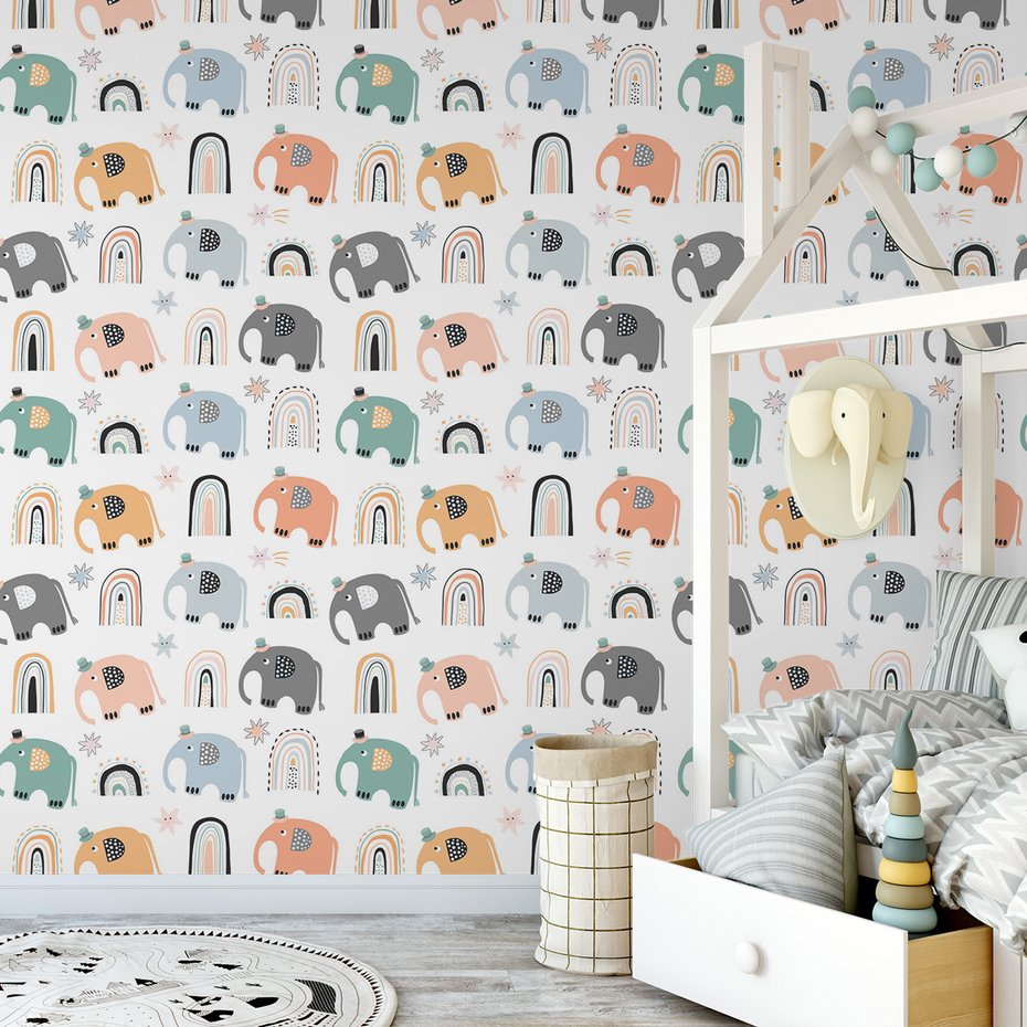 Tapeta - dziecięca, słonie, tęcze, gwiazdy