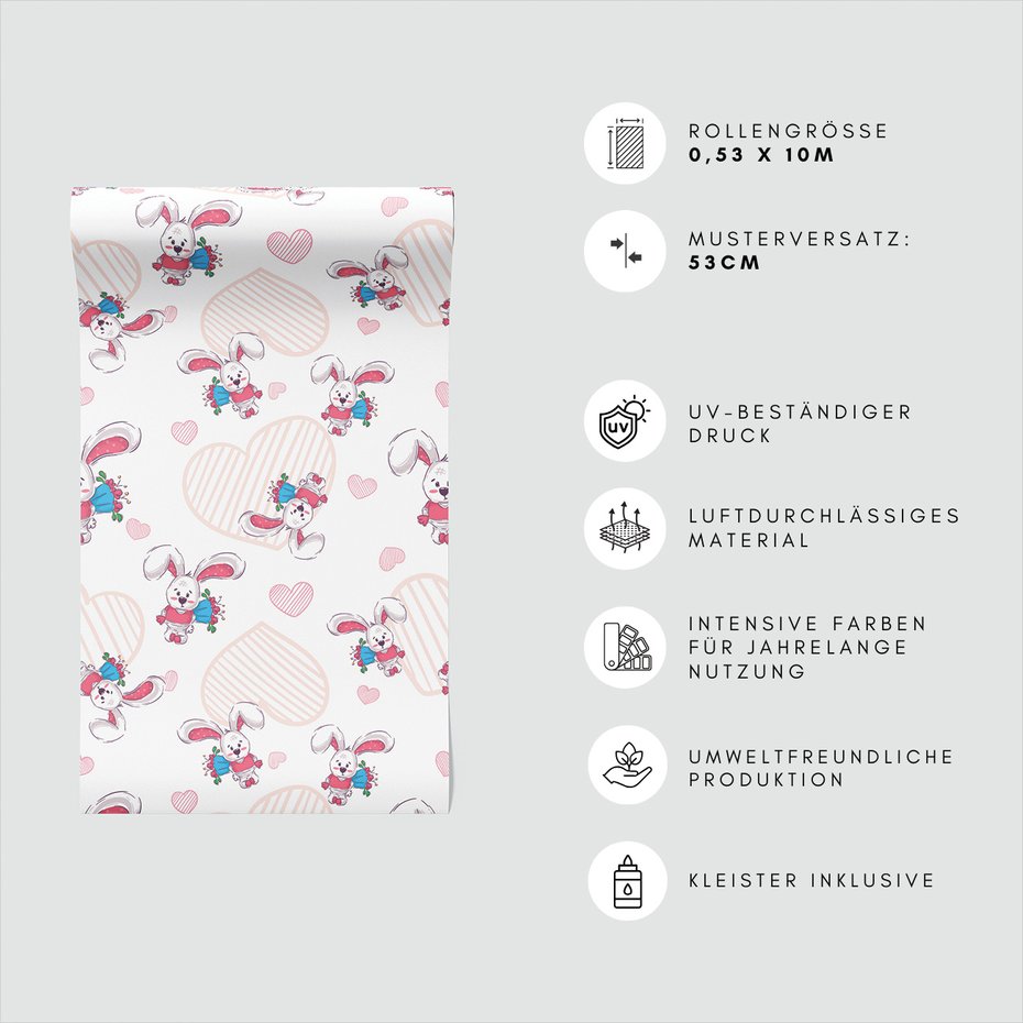 Tapeta - dziecięca, królik, serca, bukiet